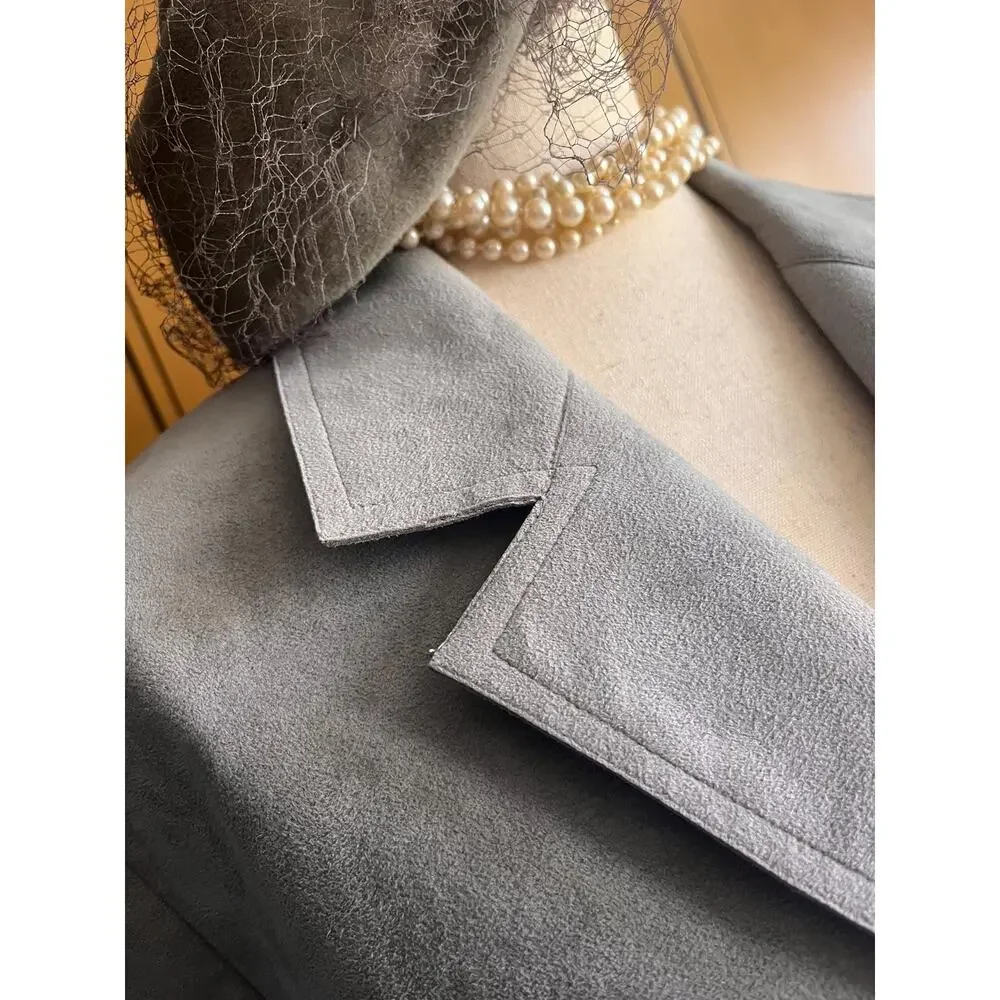 Vintage skirt suit in dove grey Ultrasuede, size 14